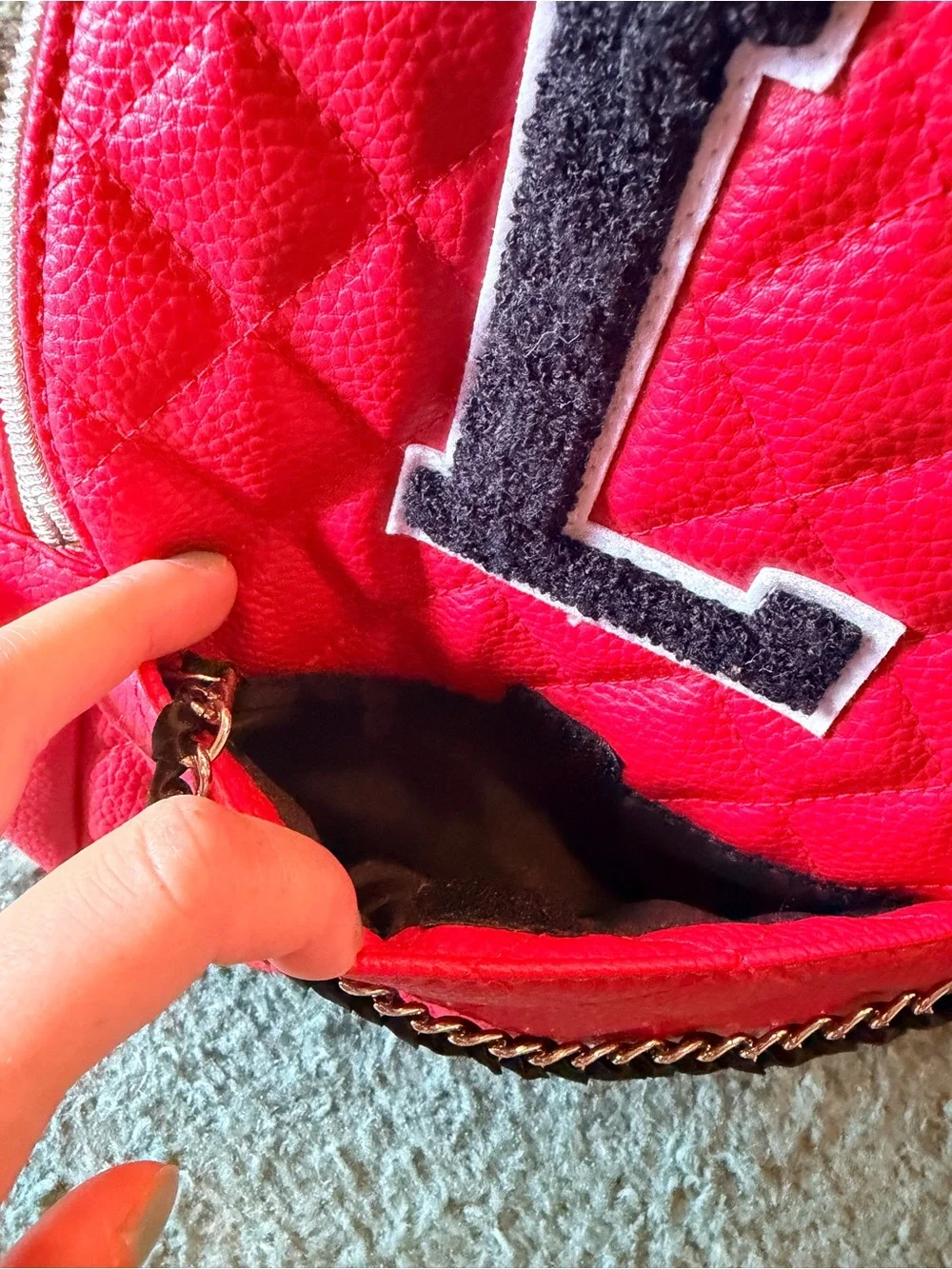 Justice Girl’s Red Quilted Backpack with 'L' Initial
